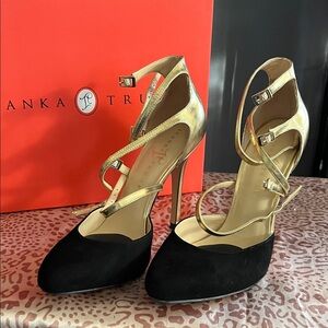 Ivanka Trump Black Suede and Gold Strappy Heels